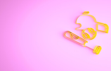 Yellow Baseball bat with ball, hat icon isolated on pink background. Minimalism concept. 3d illustration 3D render