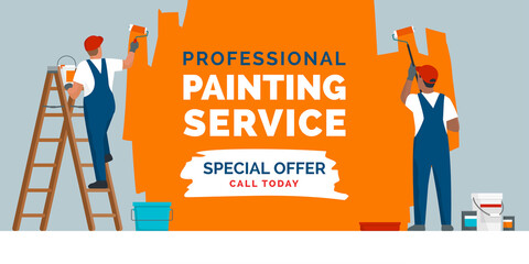 Professional painting service promotion and painters at work - obrazy, fototapety, plakaty