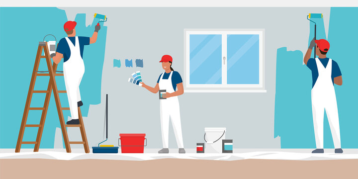 Professional painters painting walls in a residential room