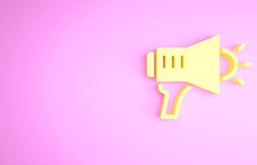 Yellow Megaphone icon isolated on pink background. Speaker sign. Minimalism concept. 3d illustration 3D render