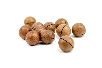 Roasted macadamia nuts in shell isolated on white background. Unshelled macadamia nuts