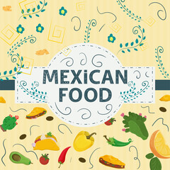 Square Banner label flat on the theme of Mexican food large inscription name in the center on the background are red green hot chili tacos and burritos