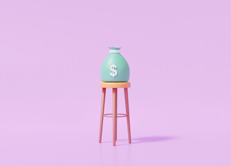 Green bag money icon on circle chair. Business investment, earn Finance saving concept. on pastel purple background, copy space. 3D rendering illustrstion