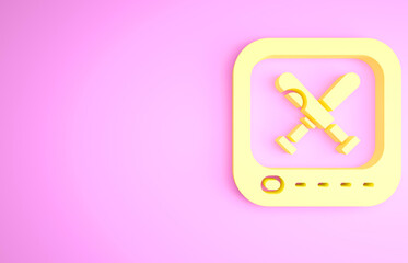 Yellow Monitor with baseball ball and bat on the screen icon isolated on pink background. Online baseball game. Minimalism concept. 3d illustration 3D render