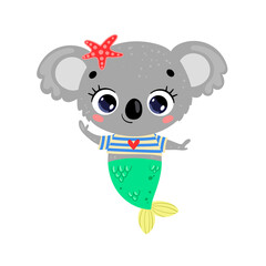 Flat vector illustration of cute cartoon koala mermaid. Summer tropical animals