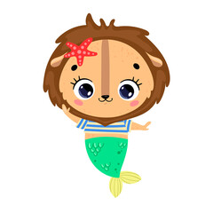 Flat vector illustration of cute cartoon lion mermaid. Summer tropical animals