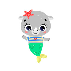 Flat vector illustration of cute cartoon rhino mermaid. Summer tropical animals