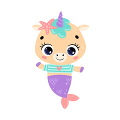 Flat vector illustration of cute cartoon unicorn mermaid. Summer tropical animals
