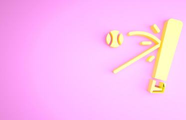 Yellow Baseball bat with ball icon isolated on pink background. Minimalism concept. 3d illustration 3D render