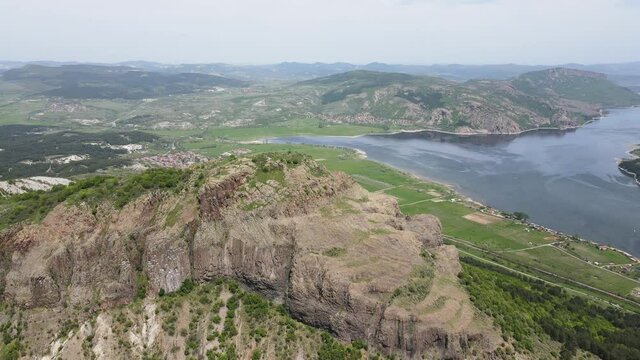 Aerial view of Studen Kladenets Reservoir and ruins of Monyak fortress, Kardzhali Region, Bulgaria