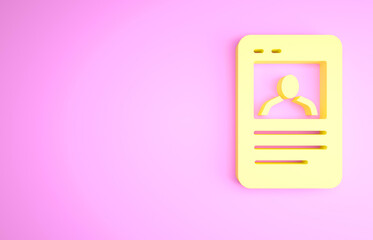 Yellow Baseball card icon isolated on pink background. Minimalism concept. 3d illustration 3D render