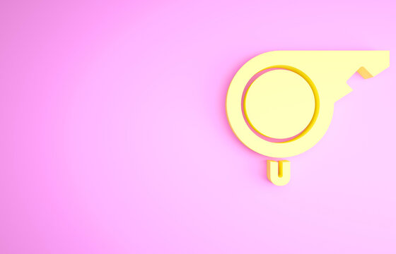 Yellow Whistle icon isolated on pink background. Referee symbol. Fitness and sport sign. Minimalism concept. 3d illustration 3D render