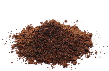 Milled coffee powder pile for espresso isolated on white background 