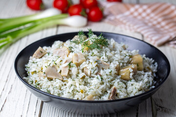 Traditional delicious Turkish foods; Artichoke rice (Turkish name; Enginarli pirinc pilavi)