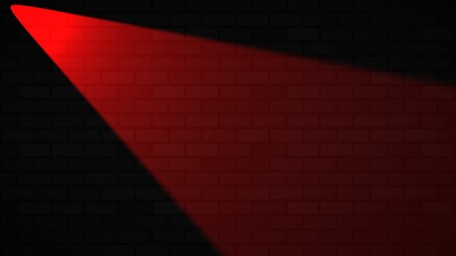 Empty brick wall with red neon spotlight with copy space. Lighting effect red color glow on brick wall background. Royalty high-quality free stock photo of lights blank background for texture