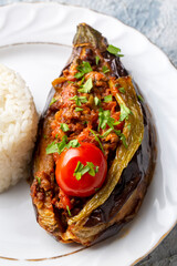 Traditional delicious Turkish food; Meat and Eggplant dish, (Turkish name; Karniyarik)