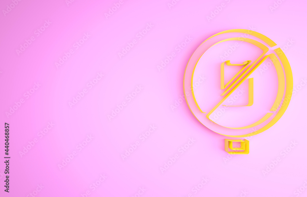 Sticker Yellow No cell phone icon isolated on pink background. No talking and calling sign. Cell prohibition. Minimalism concept. 3d illustration 3D render