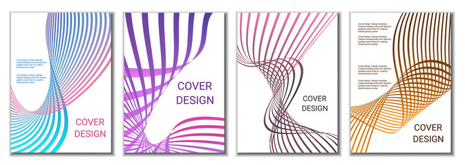 A set of 4 abstract covers. Wavy parallel gradient lines, ribbons evolve. Cover design, background. Trendy banner, poster.