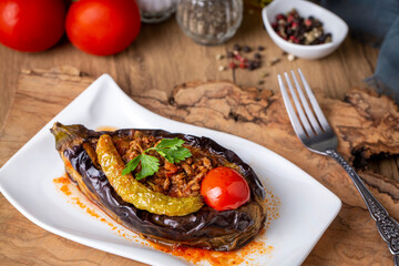 Traditional delicious Turkish food; Meat and Eggplant dish, (Turkish name; Karniyarik)