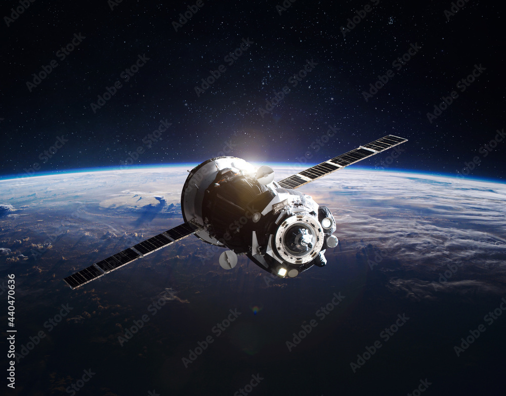 Aufkleber spaceship on orbit of the earth planet. dark space. elements of this image furnished by nasa
