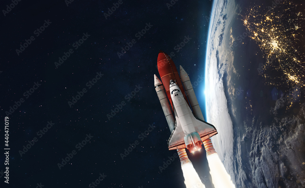 Aufkleber Space shuttle launch in the open space over the Earth. Ocean and sky under space ship. Planets in deep space. Elements of this image furnished by NASA