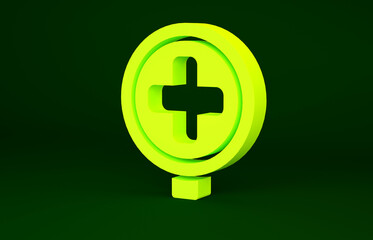 Yellow Hospital road traffic icon isolated on green background. Traffic rules and safe driving. Minimalism concept. 3d illustration 3D render