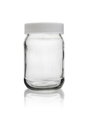 Empty glass jar closed with a white plastic lid. Isolated on a white background with reflection
