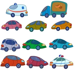Fototapete Autorennen Set aus farbigen Kinderautos im Cartoon-Stil. Lustige Autos im flachen Stil mit Kontur.