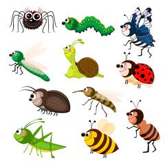 Cartoon insect set isolated on white background. Funny smiling bugs. Colorful beetles character collection. Cute garden animals. Symbol of nature, spring, summer. Stock vector illustration