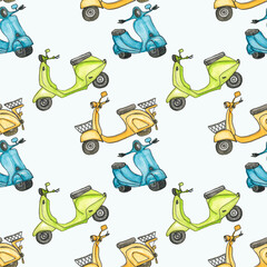 Watercolor baby seamless pattern. Summer  moped, scooter, transport.Colorful rainbow background pattern. Abstract background  in warm pastel colors