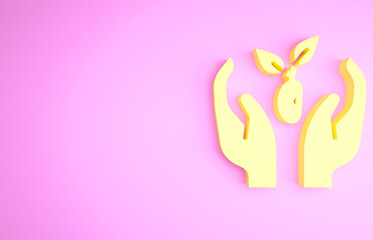 Yellow Plant in hand of environmental protection icon isolated on pink background. Seed and seedling. Planting sapling. Ecology concept. Minimalism concept. 3d illustration 3D render