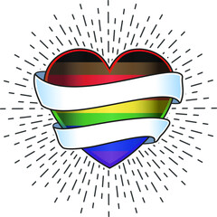 Heart with LGBT colors, and blank ribbons. Traditional tattoo of heart with blank ribbons and divergent rays isolated on white background. Vector Illustration.