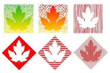 Set of maple leaves in squares and diamonds. Flat image with texture in red and green colors. 