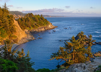 Cape Arago State Park overlook at sunset along the coast of Oregon. 