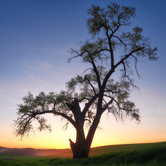 Silhouette of a large tree with a brilliant colorful background in the Palouse region of Washington state