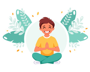 Little boy meditating in lotus pose. Gymnastic, meditation for children. Vector illustration