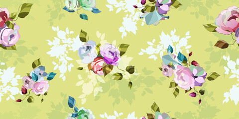Wide vintage seamless background pattern on light green. Beauty wild flowers, peony and leaves around. Abstract watercolor, hand drawn, vector - stock.