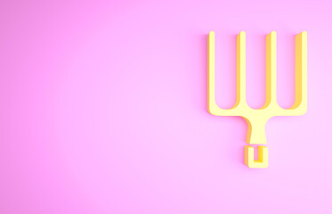 Yellow Garden pitchfork icon isolated on pink background. Garden fork sign. Tool for horticulture, agriculture, farming. Minimalism concept. 3d illustration 3D render