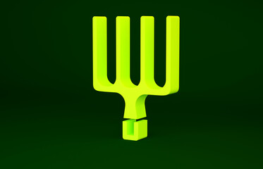 Yellow Garden pitchfork icon isolated on green background. Garden fork sign. Tool for horticulture, agriculture, farming. Minimalism concept. 3d illustration 3D render