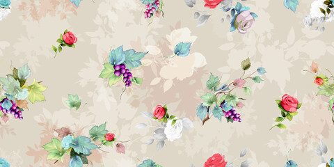 Wide vintage seamless background pattern on pastel. Beauty wild flowers, bunch of grape, peony and rose around. Abstract watercolor, hand drawn, vector - stock.