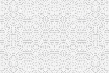 3D volumetric convex embossed geometric white background. Ethnic pattern with graceful beautiful ornament in the style of stained glass. Islam, Arabic, Indian, Ottoman motives.