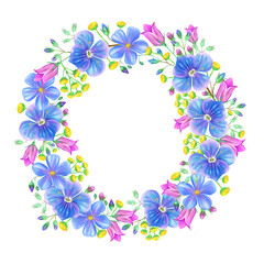 Botanical frame made of wildflowers. Round pattern from blue and pink meadow flowers. For the design of banners, posters, cards, packaging, labels. Hand-drawn digital illustration.