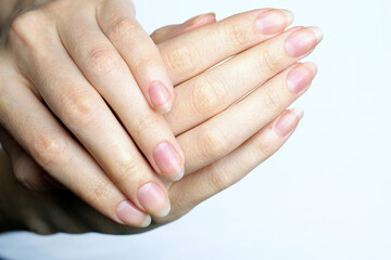 Girls hands with long nails without nail polish. Natural female hands on a white background top...