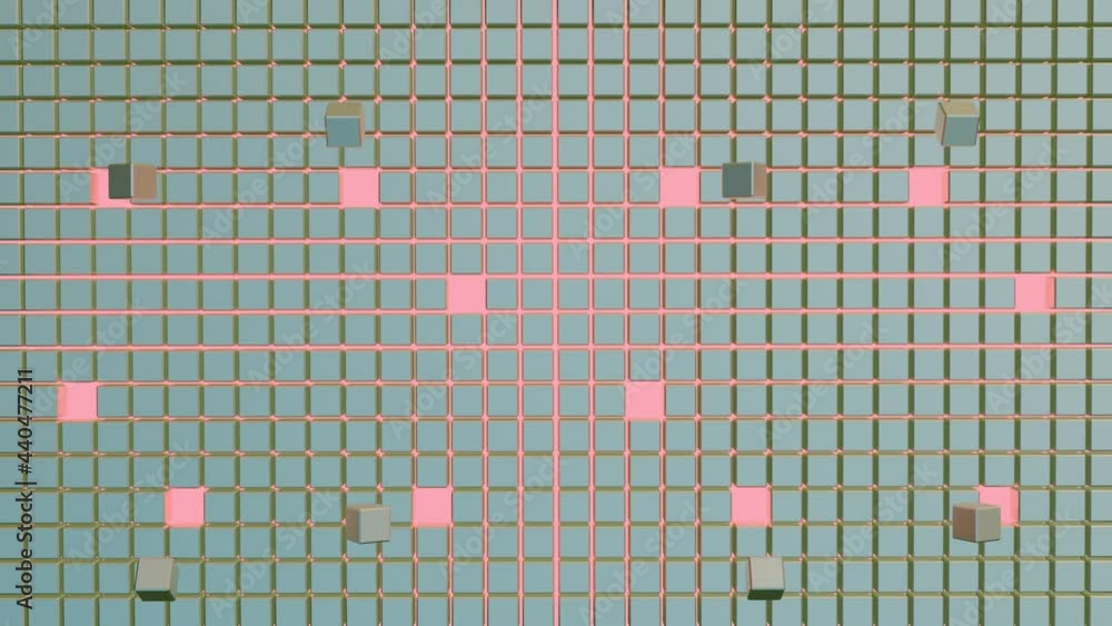 Poster background from rows of turquoise cubes with pink illumination from below. cubes fly from place to p