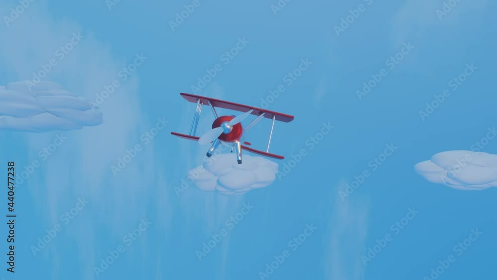 Poster 3d stylized model of a toy biplane flying across a blue sky with clouds. animated loop background. 3