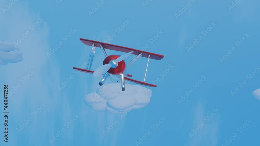 Poster 3d stylized model of a toy biplane flying across a blue sky with clouds. animated loop background. 3