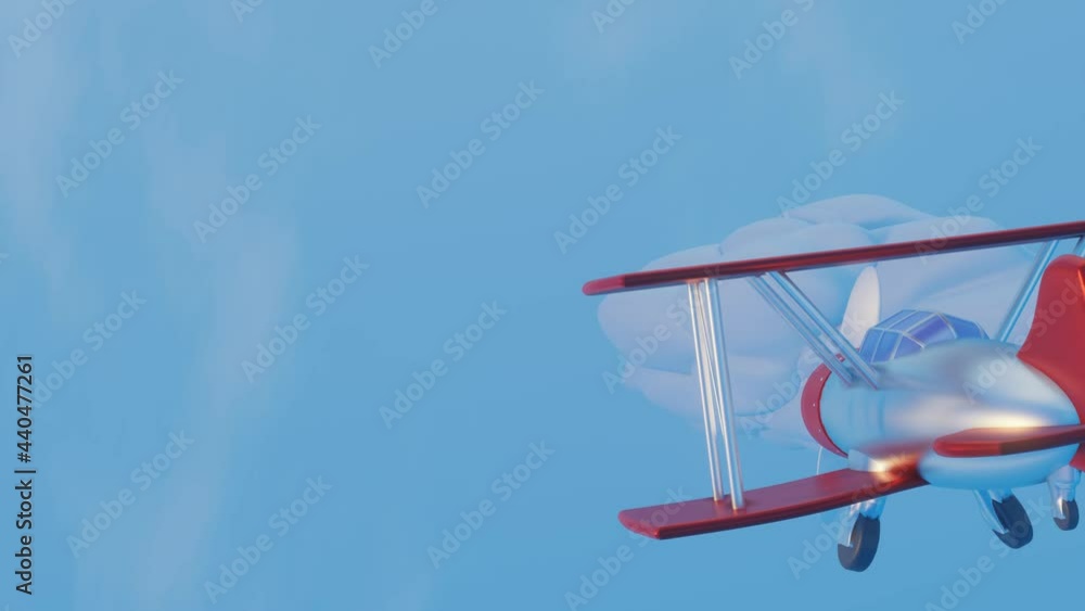 Poster 3d stylized model of a toy biplane flying across a blue sky with clouds. animated loop background. 3