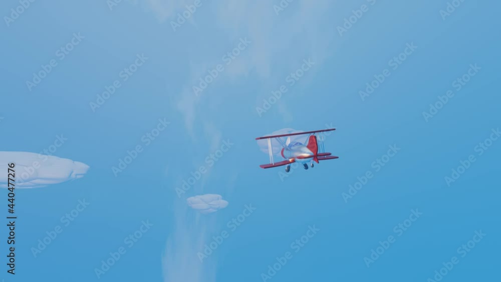 Poster 3d stylized model of a toy biplane flying across a blue sky with clouds. animated loop background. 3