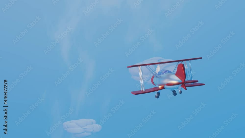 Poster 3d stylized model of a toy biplane flying across a blue sky with clouds. animated loop background. 3