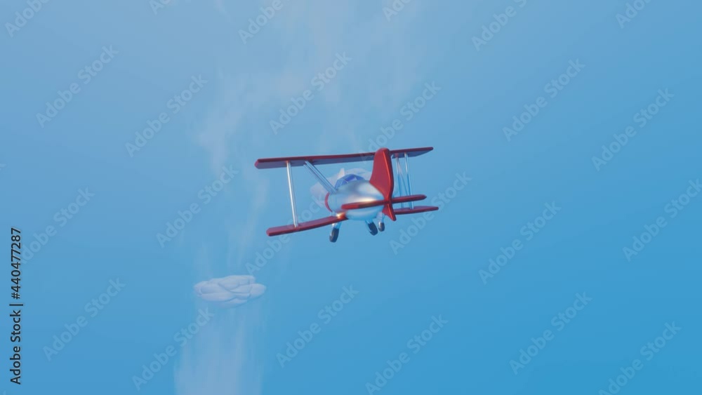 Poster 3d stylized model of a toy biplane flying across a blue sky with clouds. animated loop background. 3